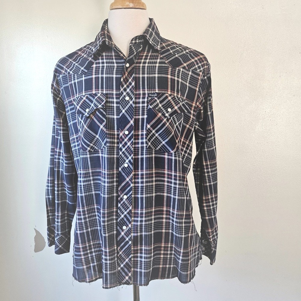 Vintage 80s Wrangler Mens Western Navy Blue Plaid Pearl Snap Shirt Lightweight L